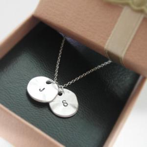 Initial Necklace, Initial Double Round Pendant..