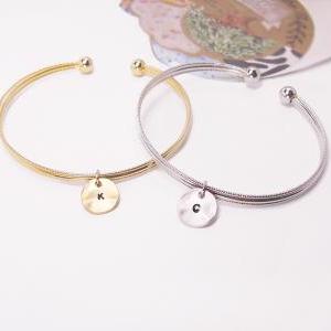 Coin Initial Bangle, Coin Initial Bracelet,..