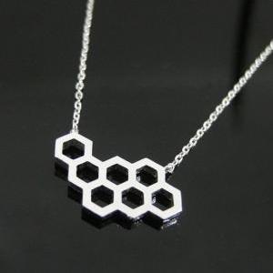 Honeycomb Necklace In Silver, Geometric Necklace,..