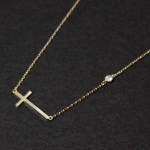 Sideways Cross Necklace With Crystal