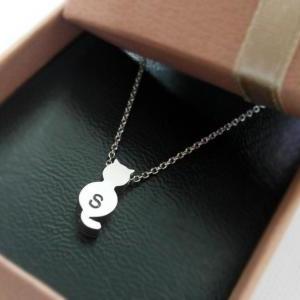 Initial Necklace, Initial Tiny Cat Necklace In..