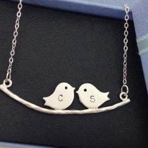 Initial Two Birds On The Branch Necklace In White..