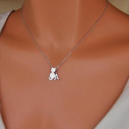 Tiny Cat And Initial Necklace, Personalized..