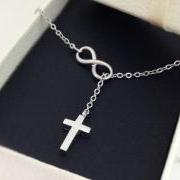 Cross and Infinity Lariat, Cross Infinity Lariat Necklace, Infinity Cross Necklace, Satin brushed finish