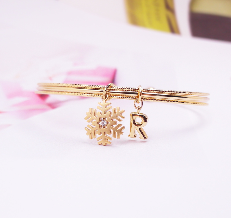 Crystal Snowflake Initial Bangle, Adjustable Bangle, Tiny Snowflake Bracelet, Holiday Gift, Christmas Gift