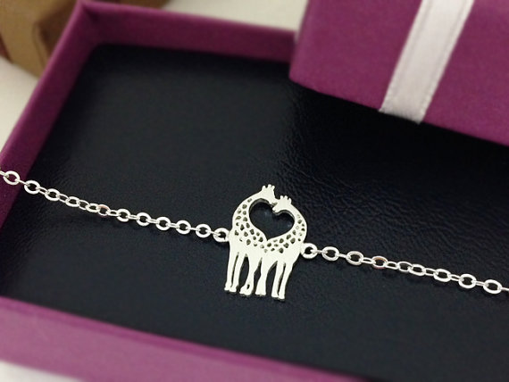 Two Giraffes In Love Bracelet, Giraffe Couple Bracelet In Silver, Loving Giraffes, Animal Jewelry