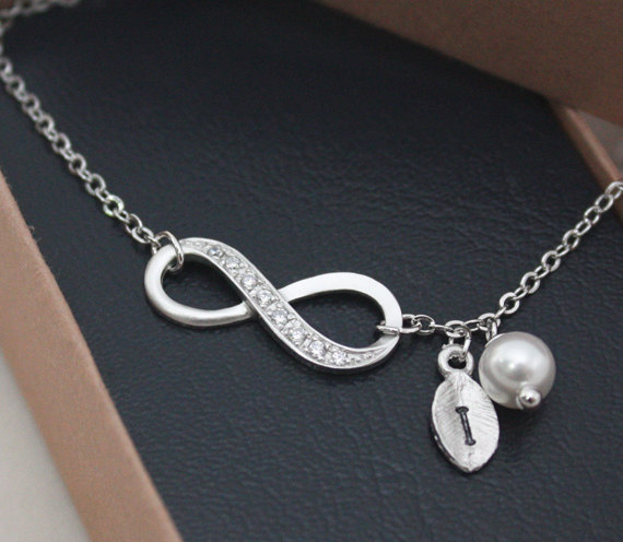 Silver Infinity Bracelet, With Swarovski Pearl And Leaf Initial Bracelet, Bridesmaid Gift, Friendship Jewelry, Elegant Bracelet,personalized