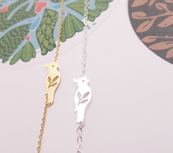 Parrot Bracelet, Bird Jewelry, Animal Pendant, Tiny Parrot Bracelet, Leaf And Bird, Nature Bracelet