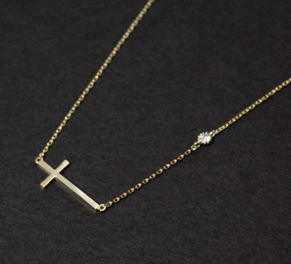 Sideways Cross Necklace With Crystal
