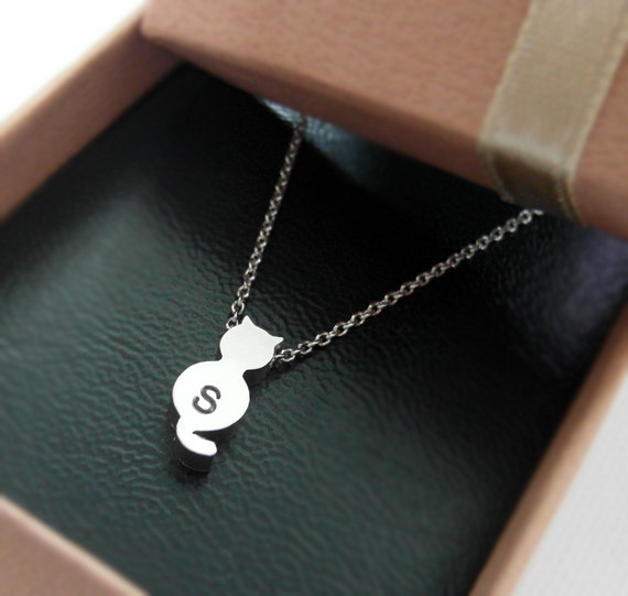 Initial Necklace, Initial Tiny Cat Necklace In White Gold, Personalized Necklace, Hand Stamped Initial