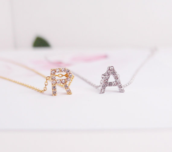 Crystal Signature Necklace, Tiny Crystal Initial Necklace, Shiny And Stunning Alphabet Necklace