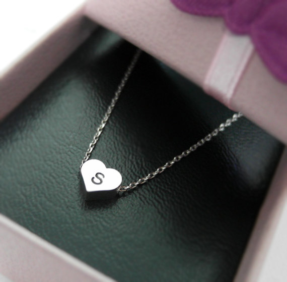 Initial Heart Necklace In White Gold, Personalized Necklace, Hand Stamped Initial