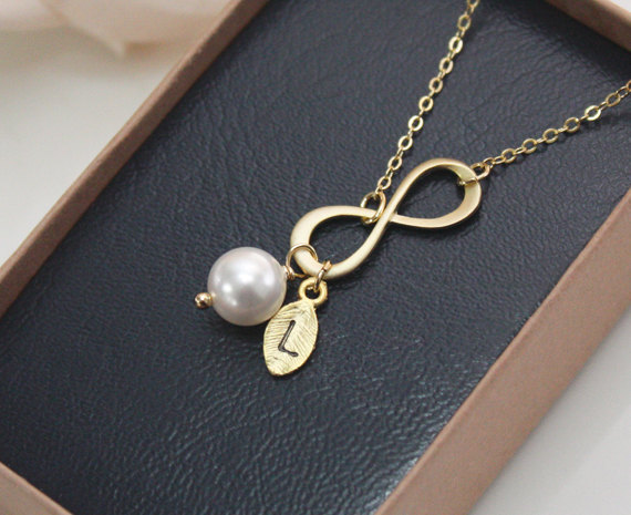 Infinity Necklace With Leaf Initial Charm And Pearl In Matte Gold, Simple And Dainty, Forever, Bridesmaid Gift, Friend Gift, Swarovski