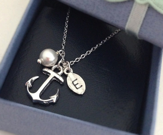 Anchor Necklace, Initial Necklace, Friend Necklace, Friendship Gift,initial Leaf And Anchor, Swarovski Pearl,personalized Necklace