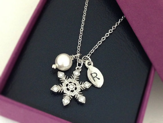 Personalized White Crystal Snowflake Necklace In Silver With Swarovski Pearl, , Holiday Gift, Christmas Gift