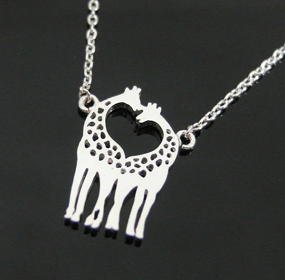 Two Giraffes In Love Necklace, Giraffe Couple Necklace In Silver, Loving Giraffes, Animal Jewelry