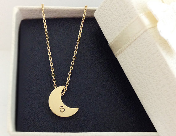 Initial Crescent Moon Necklace In Gold, Initial Necklace, Personalized Necklace, Hand Stamped Initial