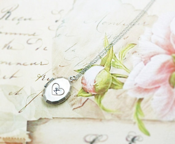 Cursive Initial Heart Locket Necklace, Block Letter Initial Heart Necklace, Personalized Locket, Hand Stamped Initial In Heart Locket