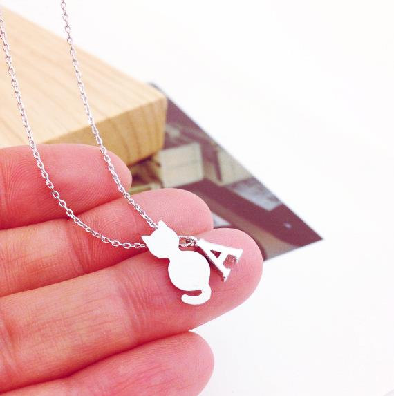 Tiny Cat And Initial Necklace, Personalized Necklace, Kitten Neckalce
