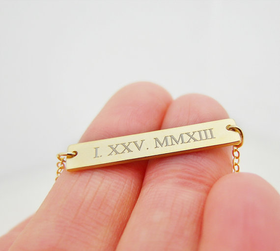 Roman Numeral Necklace, Gold Bar Necklace , Personalized Bar Necklace, Gold Necklace, Laser Engraved Necklace, Christmas Gift, Bar Necklace