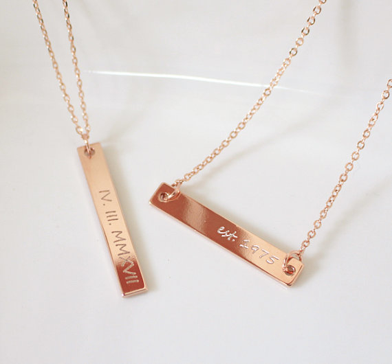 Rose Gold Bar Necklace, Personalized Bar Necklace, Roman Numeral Necklace, Engraved Necklace, Bridesmaid Gift, Christmas Gift